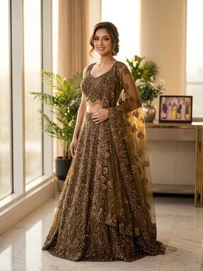 Embellished brown shade beads and Sequin work heavy Lehenga Set full stitched